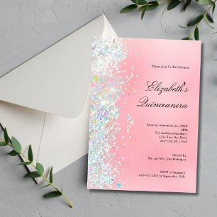 Invitación Glam Bling Quinceanera, Purpurina blanco rosado de