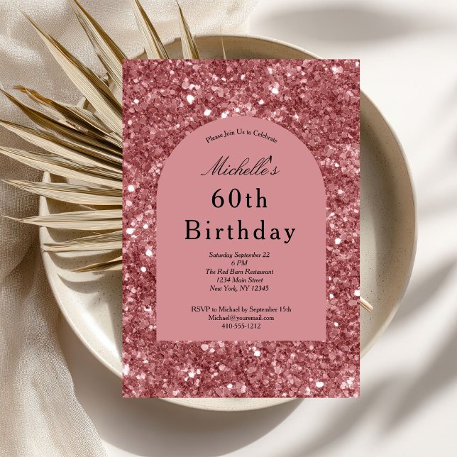 Invitación Glam Bling, Rosa Purpurina Rosa de Oro, cumpleaños (Rose Gold Pink Glitter 60th Birthday invitation for her. Glam Bling Sparkle. Printed or Digital)