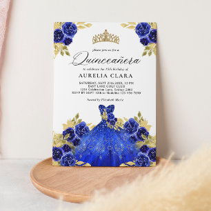 Invitación Glam Blue Dress Floral acuarela 15 Quinceañera