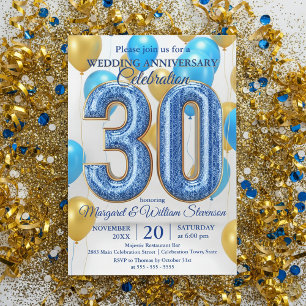 Invitación Glam Blue Gold Balloons 30º Aniversario de Boda
