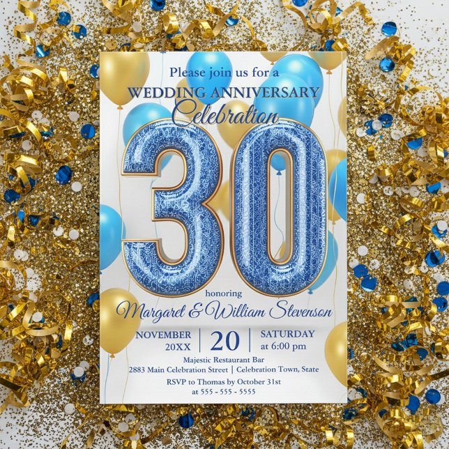 Invitación Glam Blue Gold Balloons 30th Wedding Anniversary  (Subido por el creador)