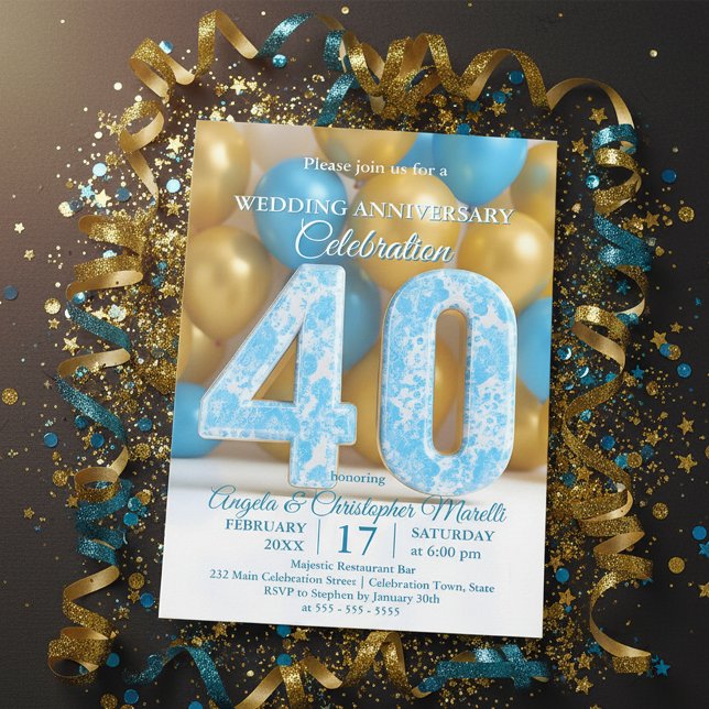 Invitación Glam Blue Gold Balloons 40th Wedding Anniversary  (Subido por el creador)