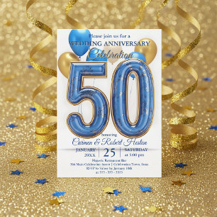 Invitación Glam Blue Gold Balloons 50º Aniversario de Boda 