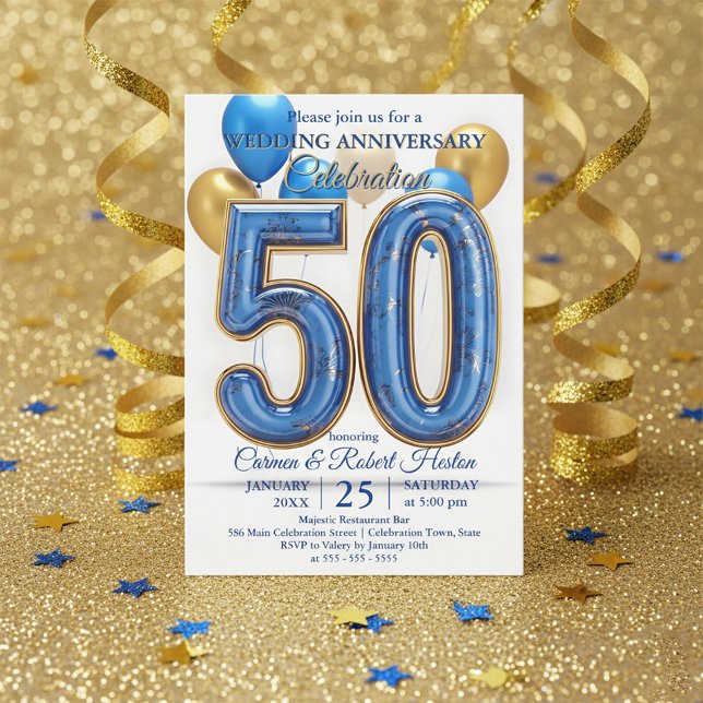 Invitación Glam Blue Gold Balloons 50th Wedding Anniversary  (Subido por el creador)