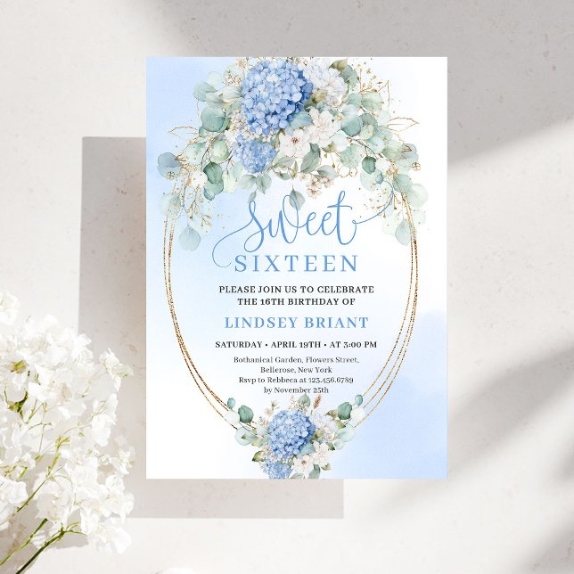 Invitación Glam Blue Hydrangeas Gold Sweet Sixteen Invite (Glam Blue Hydrangeas Gold Sweet Sixteen Invite)