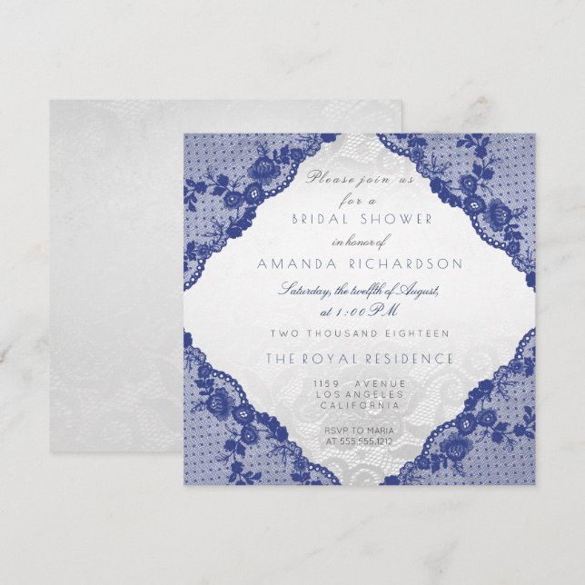 Invitación Glam Blue Naval Lace Silver Floral Bridal Shower (Anverso / Reverso)