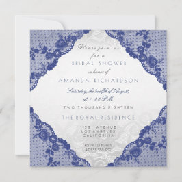 Invitación Glam Blue Naval Lace Silver Floral Bridal Shower