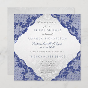 Invitación Glam Blue Naval Lace Silver Floral Bridal Shower