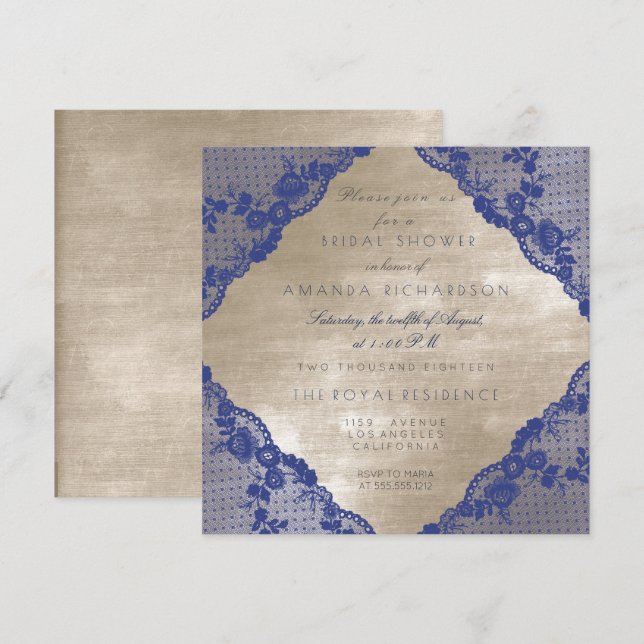 Invitación Glam Blue Navy Lace Ivory Velvet Bridal Shower (Anverso / Reverso)
