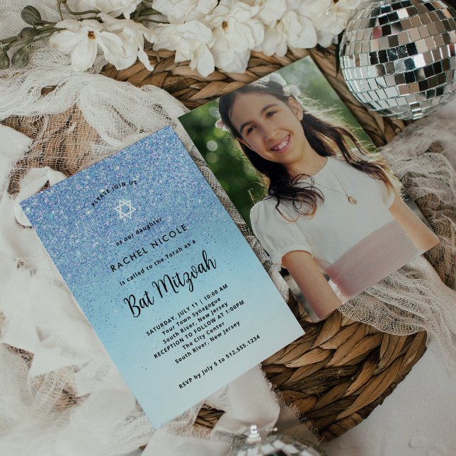 Invitación Glam Blue Purpurina Look Bat Mitzvah | Foto devuel (Subido por el creador)