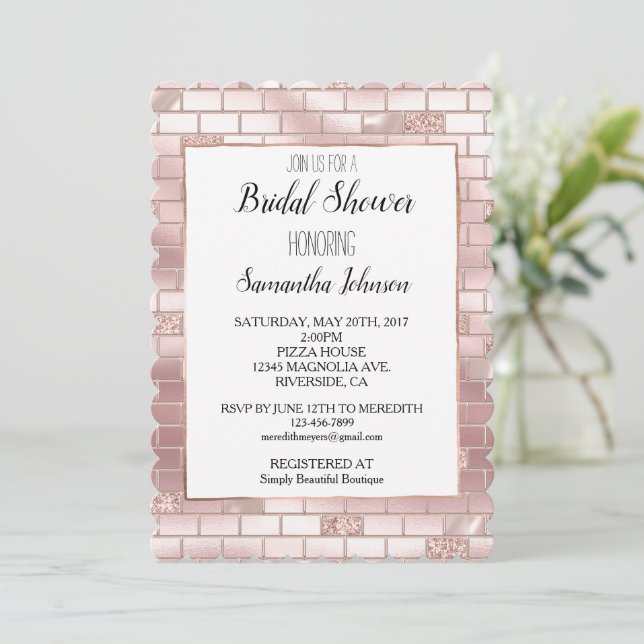 Invitación Glam Blush Rosa Brillo Ladrillos Despedida de Solt (Anverso de pie)