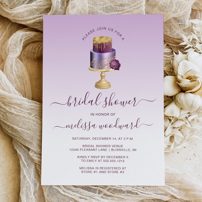 Invitación Glam Boda Cake Purple Gold Bridal Shower (Subido por el creador)