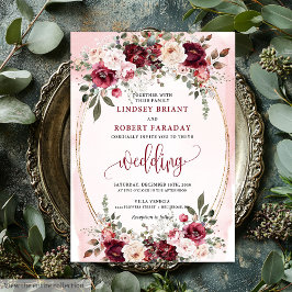 Invitación Glam Boho Dark Red Gold Floral Wedding Invitation