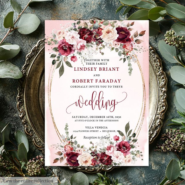 Invitación Glam Boho Dark Red Gold Floral Wedding Invitation (Glam Boho Dark Red Gold Floral Wedding Invitation)