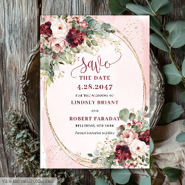 Invitación Glam Boho Deep Red Blush Gold Flowers Save Date