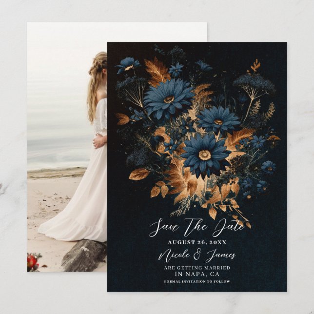 Invitación Glam Boho, la Rusia del Oro Azul de la Marina Oscu (Anverso / Reverso)