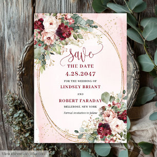 Invitación Glam Boho Rojo Profundo Rubor Flores Guardar Fecha