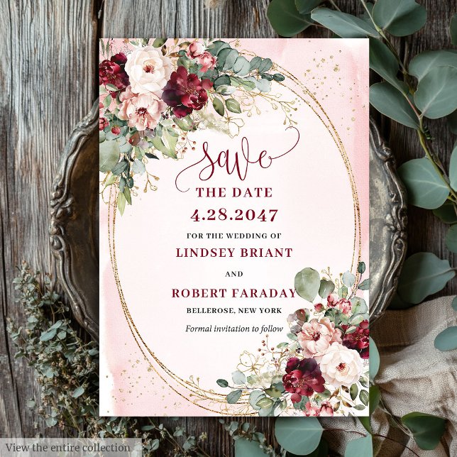 Invitación Glam Boho Rojo Profundo Rubor Flores Guardar Fecha (Glam Boho Deep Red Blush Gold Flowers Save Date)