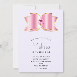 Invitación Glam Bow rosado con cumpleaños central de Gemstone