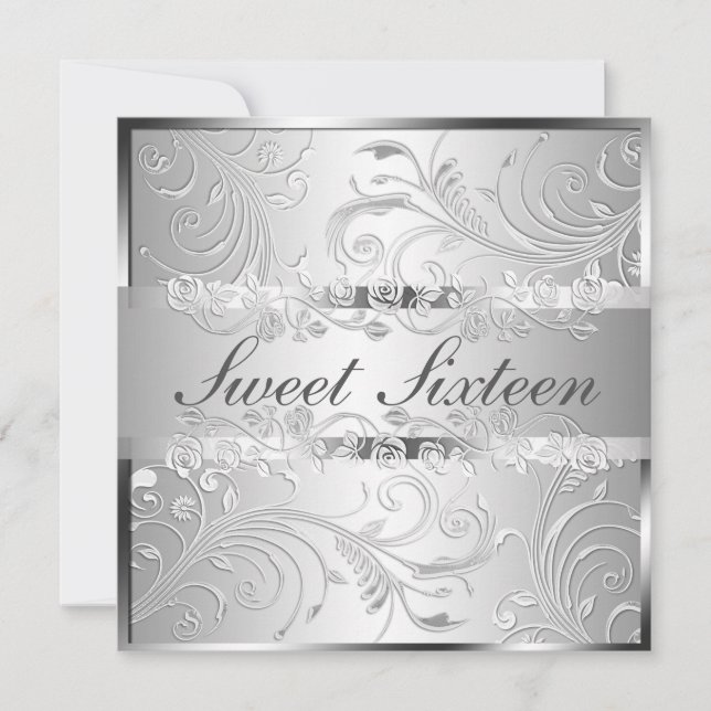 Invitación Glam Bright Silver Floral Pattern Sweet 16 (Anverso)