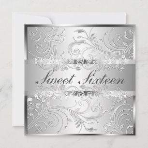 Invitación Glam Bright Silver Floral Pattern Sweet 16