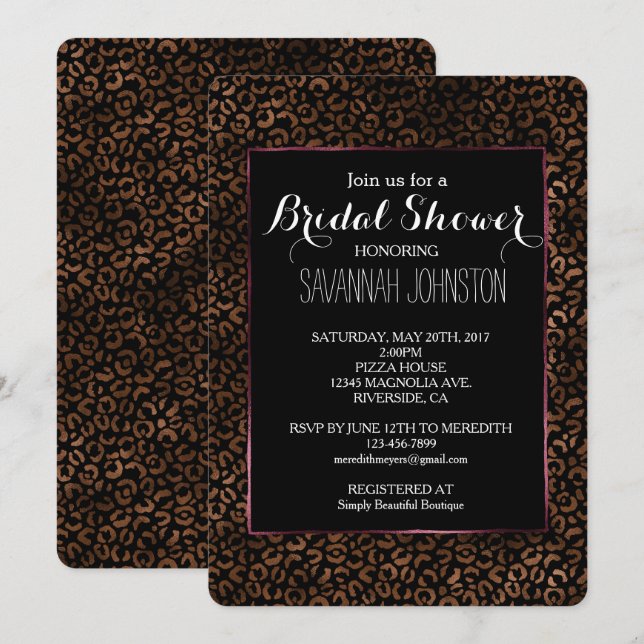 Invitación Glam Brown Black Leopard Imprimir ducha de novia (Anverso / Reverso)