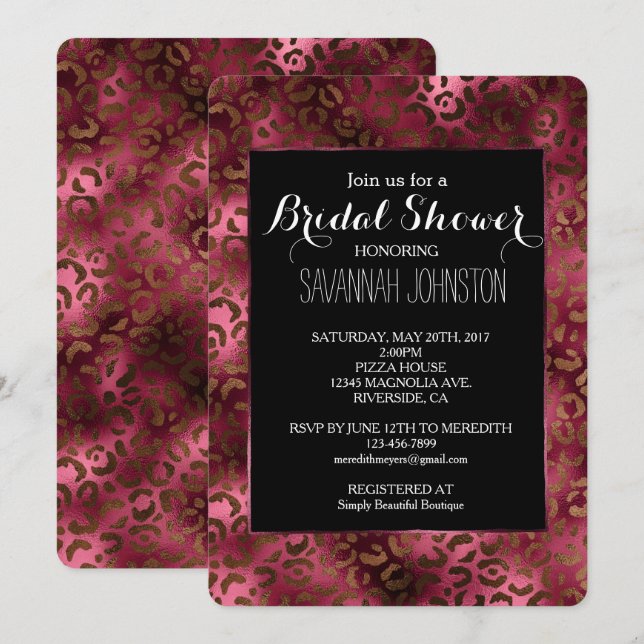 Invitación Glam Brown Burgundy Leopard Imprimir ducha de novi (Anverso / Reverso)