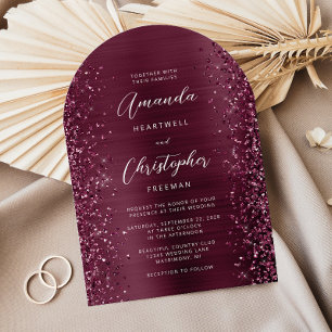 Invitación Glam Burgundy Brushed Metal Glitter Arco Bodas