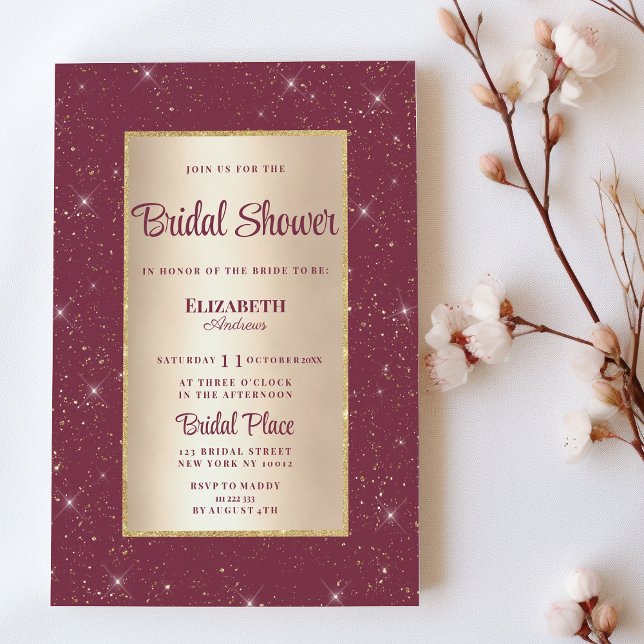 Invitación Glam burgundy purpurina de oro confetti Bridal Sho (Glam burgundy gold glitter confetti Bridal Shower)
