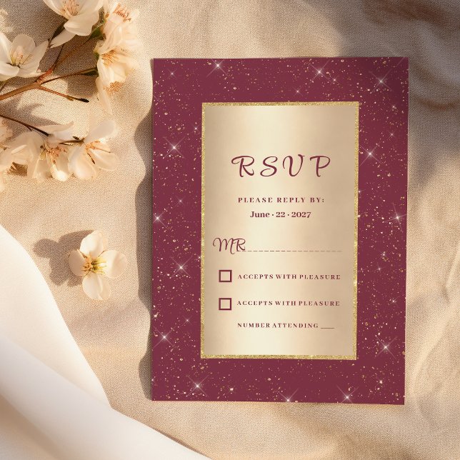 Invitación Glam burgundy purpurina de oro confetti RSVP (Glam burgundy gold glitter confetti RSVP)