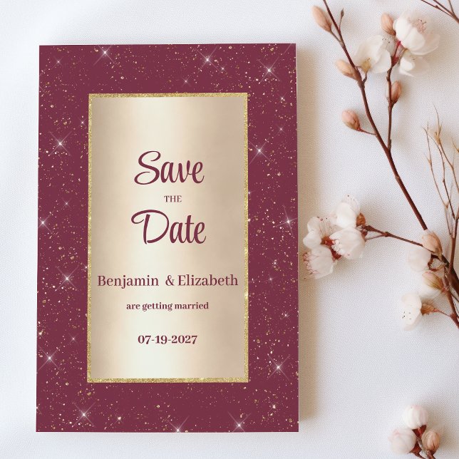 Invitación Glam burgundy purpurina de oro confetti Save the D (Glam burgundy gold glitter confetti Save the Date)