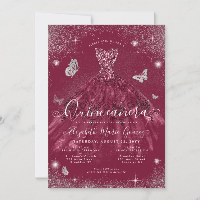Invitación Glam Burgundy Purpurina Gown Quinceanera (Anverso)