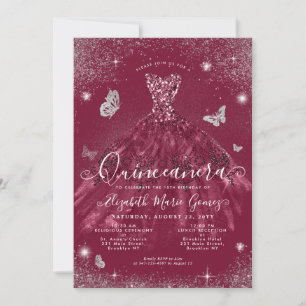 Invitación Glam Burgundy Purpurina Gown Quinceanera