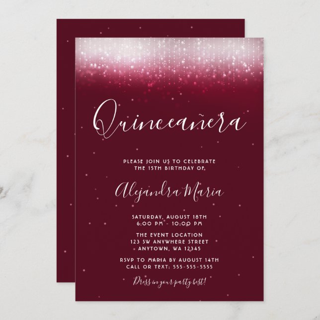 Invitación Glam Burgundy Quinceañera (Anverso / Reverso)