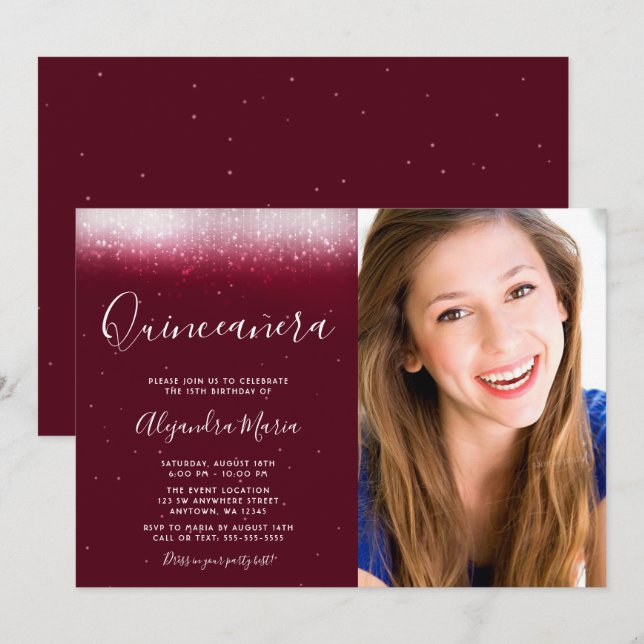 Invitación Glam Burgundy Quinceanera Foto (Anverso / Reverso)