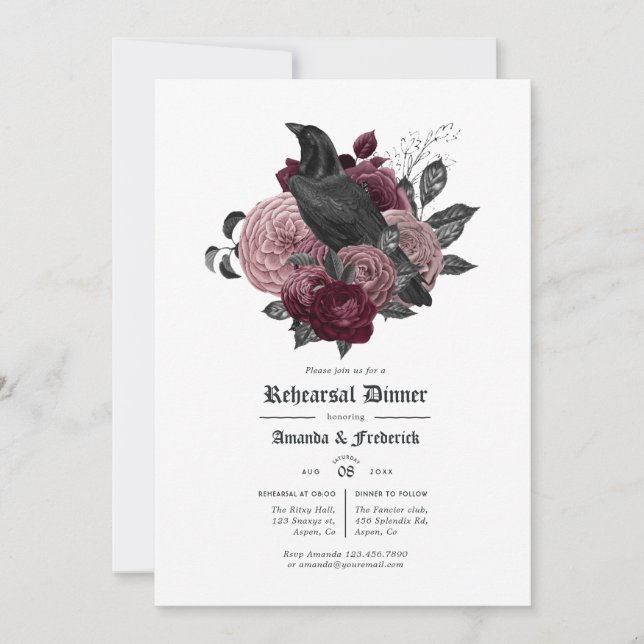 Invitación Glam Burgundy Raven Cena de ensayo gótico (Anverso)