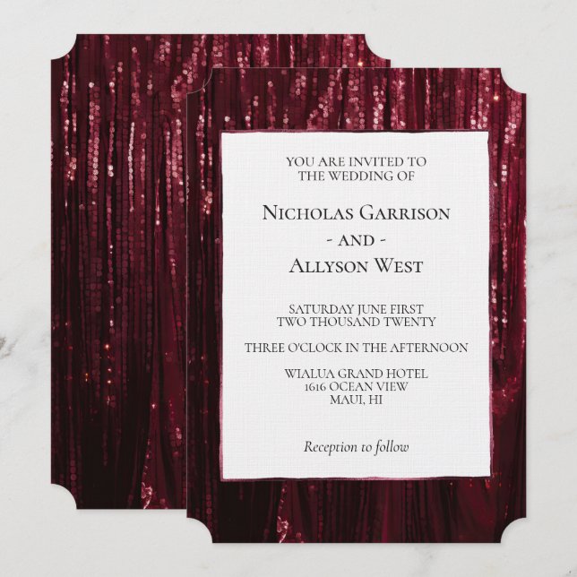 Invitación Glam Burgundy Red Glitzy Boda (Anverso / Reverso)