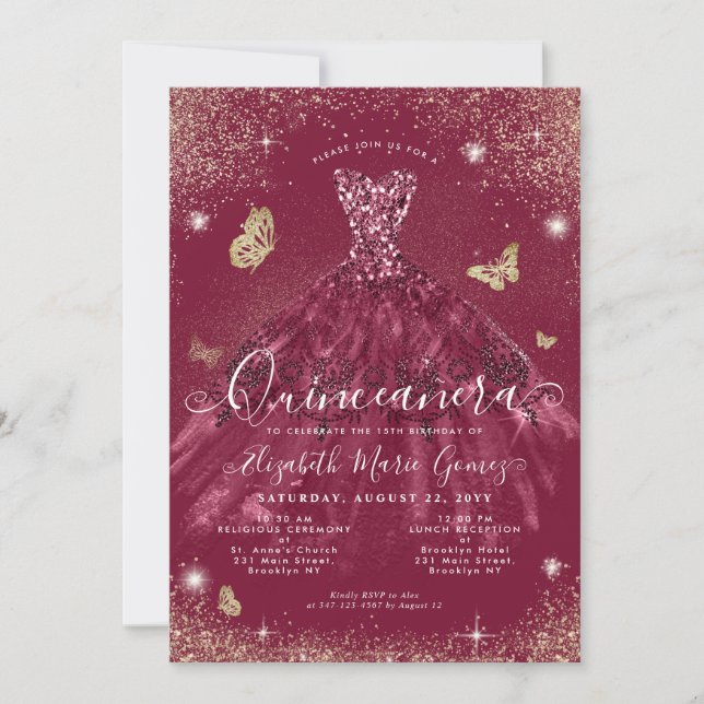 Invitación Glam Burgundy Red Gold Purpurina Gown Quinceanera (Anverso)