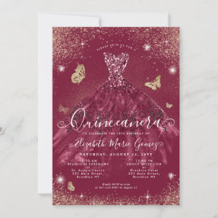 Invitación Glam Burgundy Red Gold Purpurina Gown Quinceanera