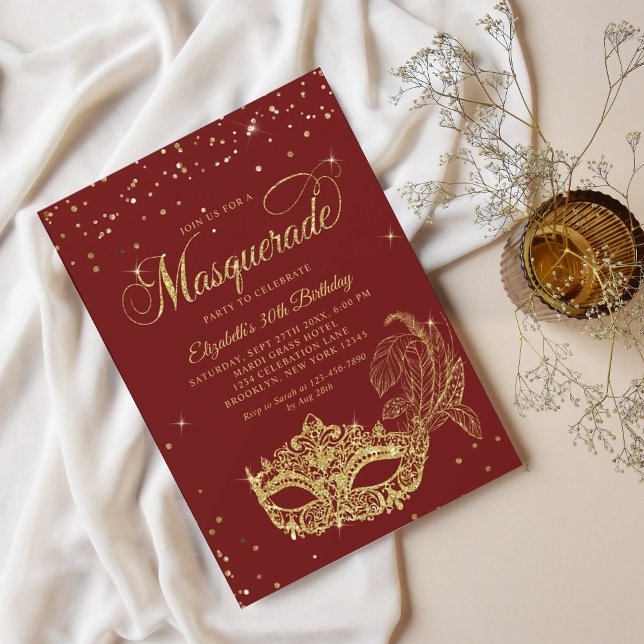 Invitación Glam Burgundy Red Gold Purpurina Mascarada Cumplea (Subido por el creador)