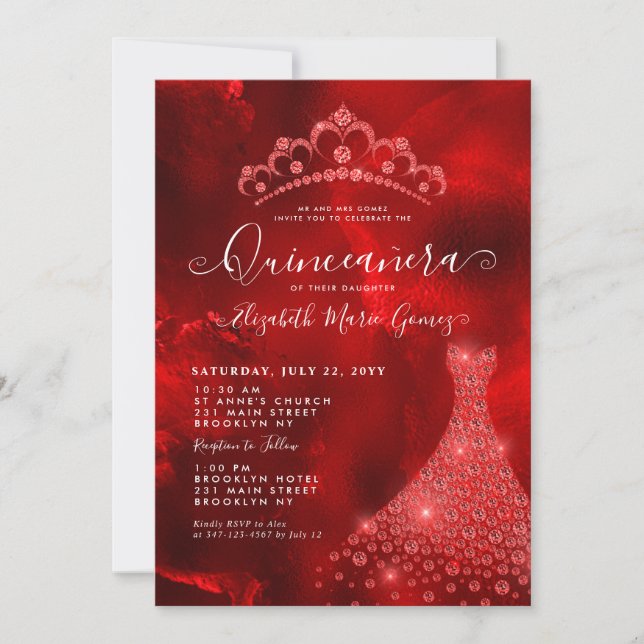 Invitación Glam Burgundy Rojo Diamante Tara Vestido Quinceane (Anverso)