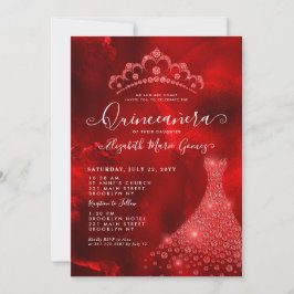 Invitación Glam Burgundy Rojo Diamante Tara Vestido Quinceane