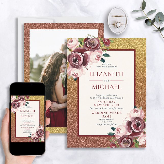 Invitación Glam Burgundy Rosa Gold Floral Photo Boda (Subido por el creador)