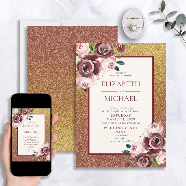 Invitación Glam Burgundy Rosa Gold Purpurina Boda Floral (Subido por el creador)