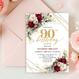 Invitación Glam Burgundy White Rose Gold 90th Birthday Invite