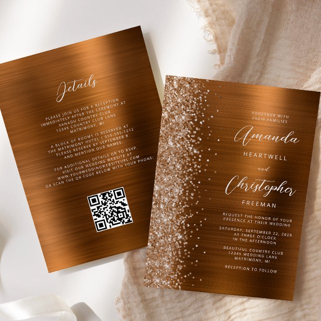 Invitación Glam Burnt Orange Brushed Metal QR Code Wedding (Subido por el creador)