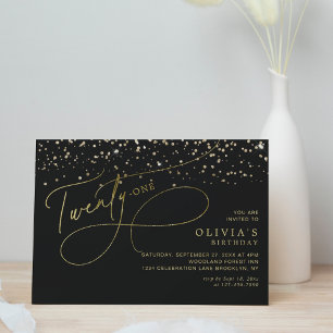 Invitación Glam Calligraphy Black Gold Confetti 21 cumpleaños