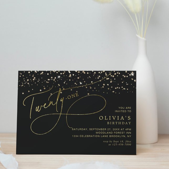 Invitación Glam Calligraphy Black Gold Confetti 21 cumpleaños (Subido por el creador)