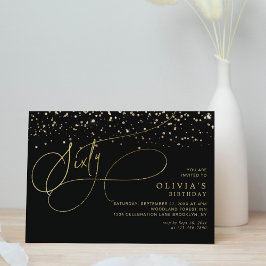 Invitación Glam Calligraphy Black Gold Confetti 60 cumpleaños