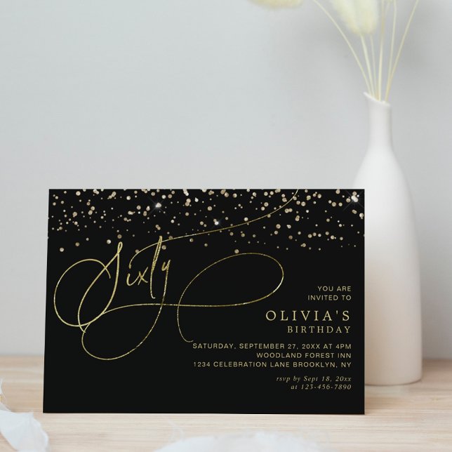 Invitación Glam Calligraphy Black Gold Confetti 60 cumpleaños (Subido por el creador)